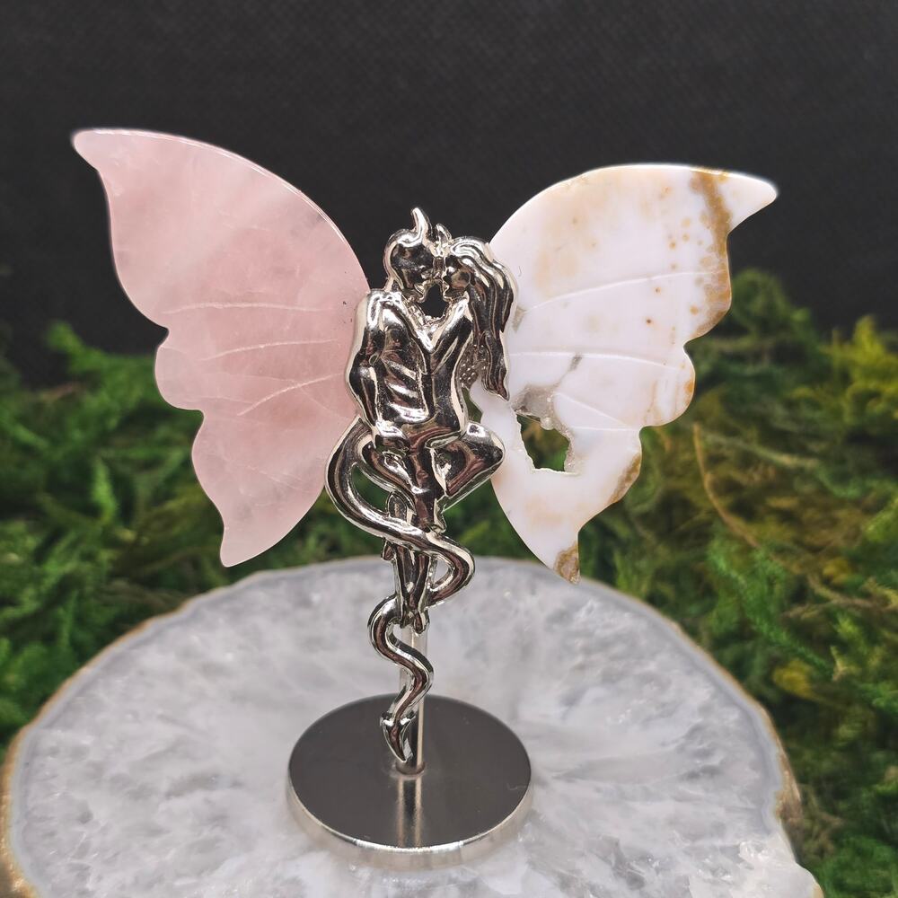 Rose Quartz Druzy Agate Fairy Devil 3" Crystal Wings Good Evil Figurine